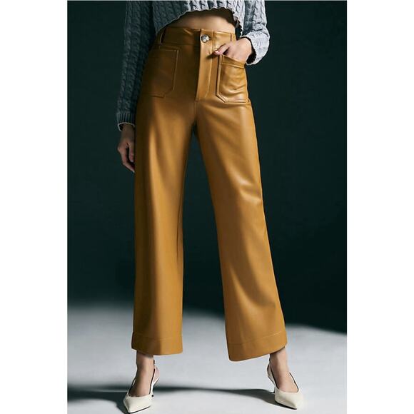 MAEVE By ANTHROPOLOGIE Colette Cropped Wide Leg Faux Leather Pants Brown Size 31 - Picture 15 of 16